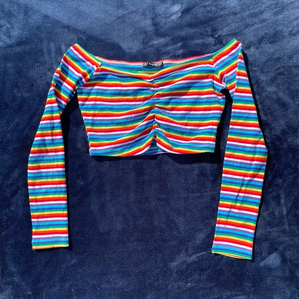 Rainbow Off-Shoulder long sleeve crop top